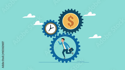 effort and time to make money with businessman running with full effort in gears to turn time and make money, experience and persistence for career success, long-term investment success concept