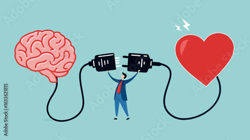 heart and brain connection, align your heart and brain, control feeling and emotion with logical thinking brain, man connect plug with heart to brain concept vector illustration with flat style design
