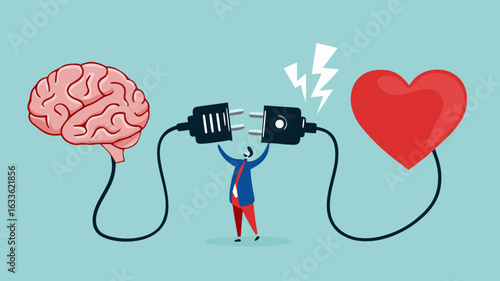 heart and brain connection, align your heart and brain, control feeling and emotion with logical thinking brain, man connect plug with heart to brain concept vector illustration with flat style design