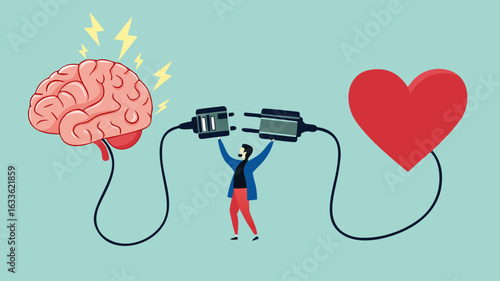 heart and brain connection, align your heart and brain, control feeling and emotion with logical thinking brain, man connect plug with heart to brain concept vector illustration with flat style design