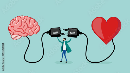heart and brain connection, align your heart and brain, control feeling and emotion with logical thinking brain, man connect plug with heart to brain concept vector illustration with flat style design