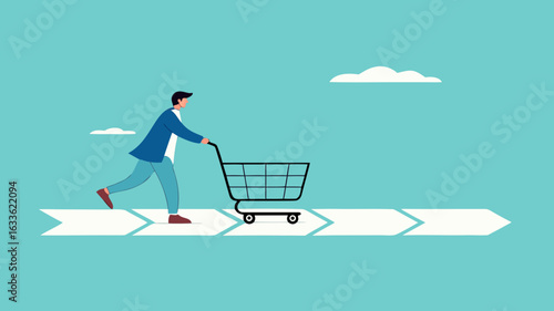 customer journey, analysis of marketing or advertising strategies, customer experience in purchasing products, man pushing shopping cart on customer journey path