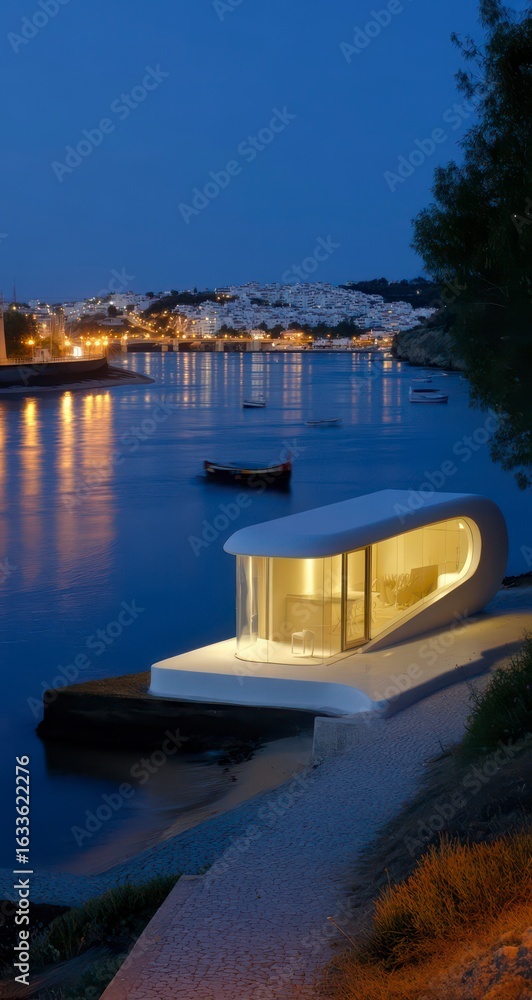 Fototapeta premium Modern, minimalist structure by the water at twilight