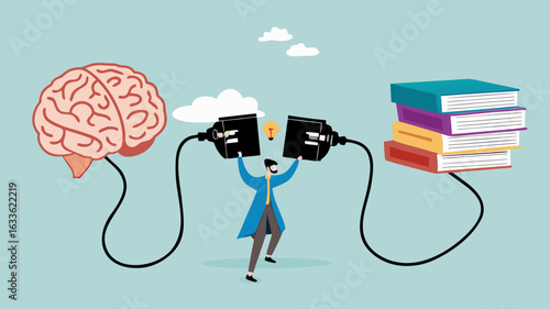 read books to learn new lessons, literature or intelligence information, improve literacy and numeracy skills, businessman connect plug with stack of book with human brain concept vector illustration