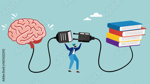 read books to learn new lessons, literature or intelligence information, improve literacy and numeracy skills, businessman connect plug with stack of book with human brain concept vector illustration