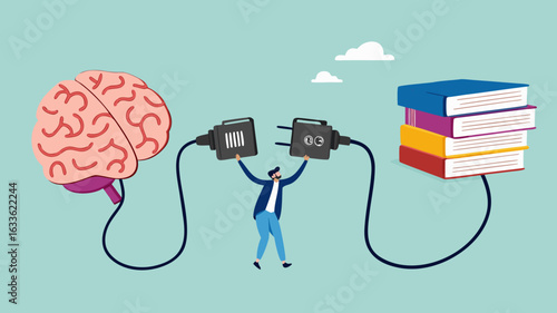 read books to learn new lessons, literature or intelligence information, improve literacy and numeracy skills, businessman connect plug with stack of book with human brain concept vector illustration