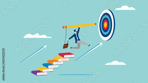 achieving education goals, strategies for achieving success with higher education, courses or skills development, Businesspeople create ladders from books to target educational goals with pencil