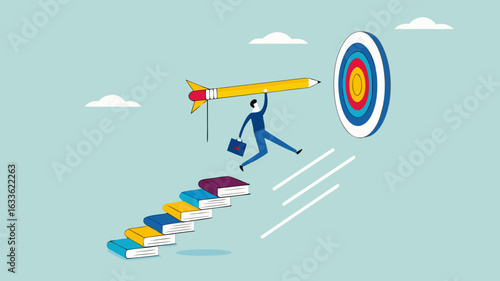 achieving education goals, strategies for achieving success with higher education, courses or skills development, Businesspeople create ladders from books to target educational goals with pencil