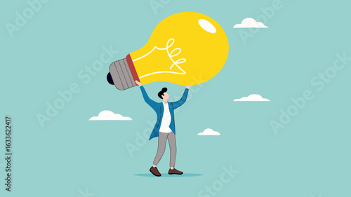 businessman bring big light bulb idea for new product idea or business opportunity, finding new idea, creativity or innovation to create new product, solution to solve problem or fix mistake concept