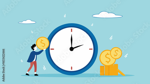 ROI, return on investment or long term investment success, increase in dividends or returns from the costs that have been invested, businessman invests money into big watch to get return profit