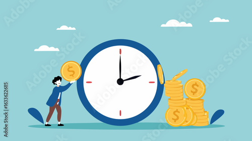 ROI, return on investment or long term investment success, increase in dividends or returns from the costs that have been invested, businessman invests money into big watch to get return profit