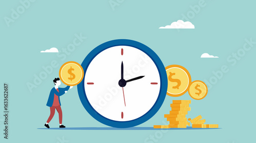 ROI, return on investment or long term investment success, increase in dividends or returns from the costs that have been invested, businessman invests money into big watch to get return profit