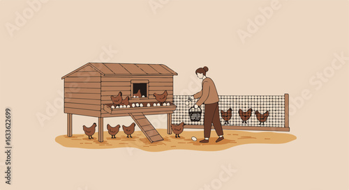 Farm scene A woman collects eggs from a hen house