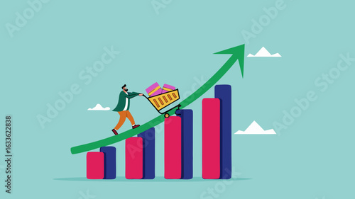 food price inflation, Inflation causing grocery price rising up, food or economic crisis that causes food prices rising up, Businessman push shopping carts filled with food items up the price chart