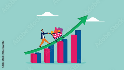 food price inflation, Inflation causing grocery price rising up, food or economic crisis that causes food prices rising up, Businessman push shopping carts filled with food items up the price chart