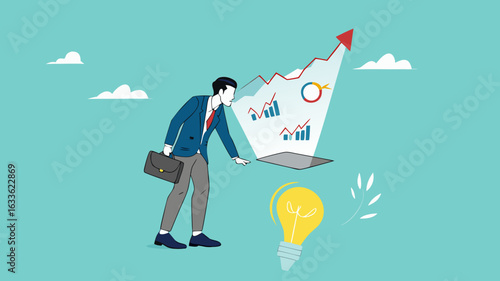 Data scientist, analyze data to produce recommendation and company decision support, analyze data for business insight, businessman analyzing lightbulb idea using magnifying glass for business insight