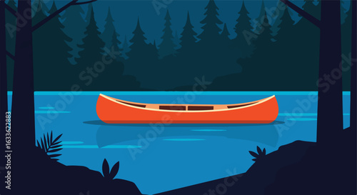 Orange canoe floating on calm water with forest backdrop, silhouetted trees framing