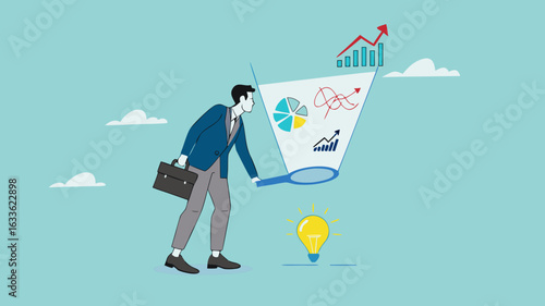 Data scientist, analyze data to produce recommendation and company decision support, analyze data for business insight, businessman analyzing lightbulb idea using magnifying glass for business insight