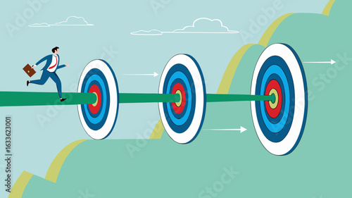 step to reach success or achievement, Short term, mid-term and long term goals, stages to achieve greater success, businessman running to short, medium and long term success target