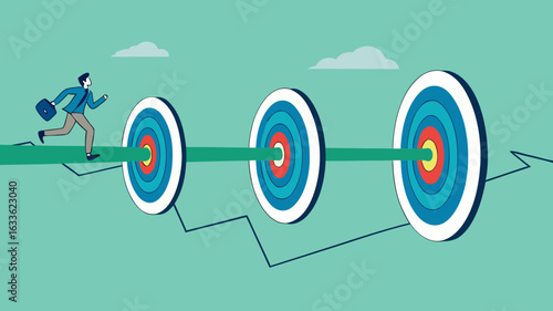 step to reach success or achievement, Short term, mid-term and long term goals, stages to achieve greater success, businessman running to short, medium and long term success target