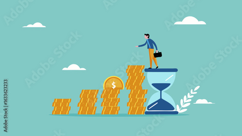 long term investment concept, Growth Earning From Compound Interest In Long Term Investing, businessman makes financial growth graph by stacking gold coins on top of hourglass vector illustration