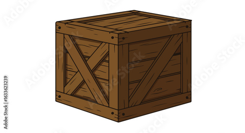Brown wood crate with cross beams and dark line work on a white background