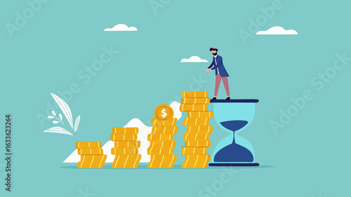 long term investment concept, Growth Earning From Compound Interest In Long Term Investing, businessman makes financial growth graph by stacking gold coins on top of hourglass vector illustration
