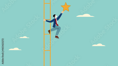 success ladder to reach goal and target, climb up ladder to get new hope, journey to achieve hope of success in business, hope of career development progress, businessman climb ladder to get gold star
