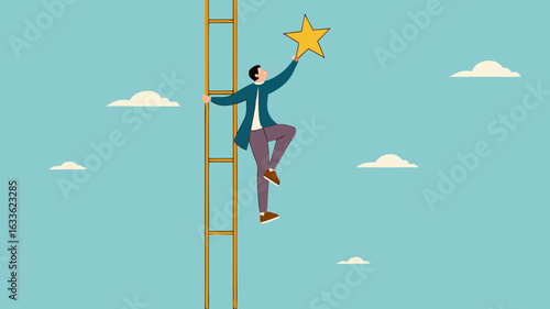 success ladder to reach goal and target, climb up ladder to get new hope, journey to achieve hope of success in business, hope of career development progress, businessman climb ladder to get gold star