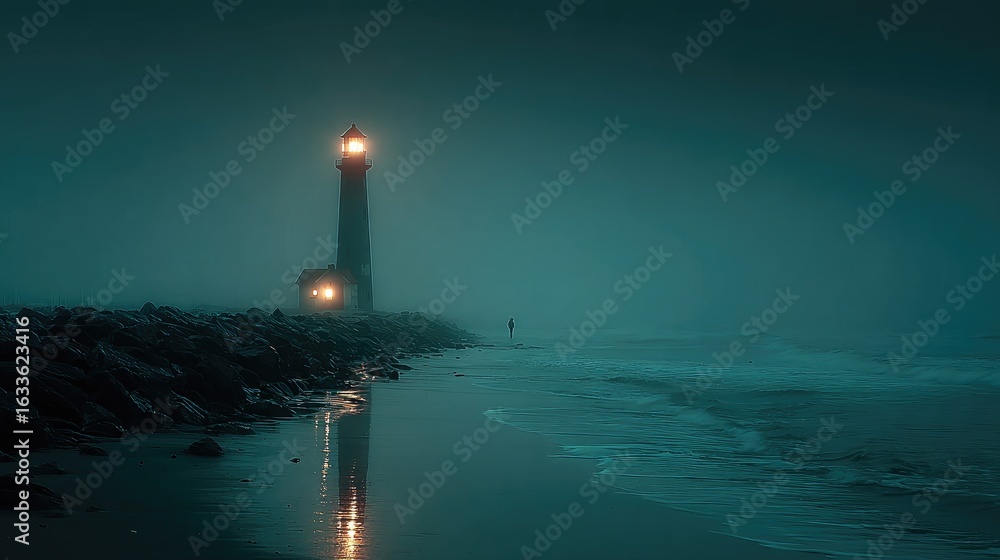Fototapeta premium Misty night, lighthouse silhouettes, calm waves