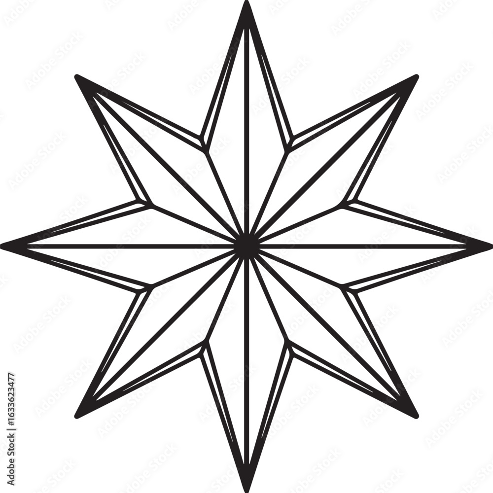 Obraz premium Minimal eight-point star symbol contour line vector black and white isolated on transparent background