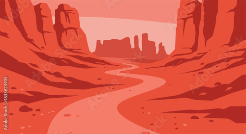 Red canyon valley landscape, winding path through desert