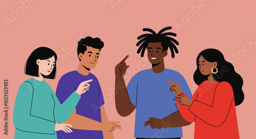 Flat vector of four diverse young adults pointing fingers on a peach background