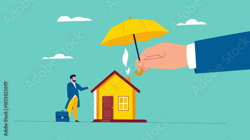 home insurance or homeowners protection, security shield concept, guarantee to protect the house from damage or loss of contents and structure, big businessman hand covers the house and its owner