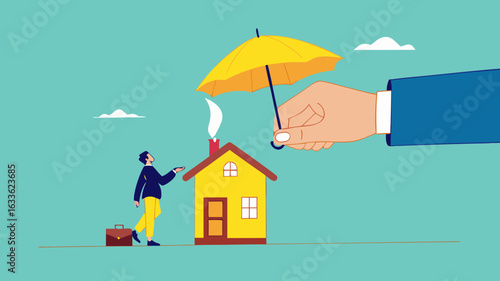 home insurance or homeowners protection, security shield concept, guarantee to protect the house from damage or loss of contents and structure, big businessman hand covers the house and its owner