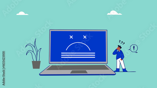 computer outage or blue screen error, common computer problem or server down, incorrect software update, operating system crash or cyber attack, confused people with computer blue screen error