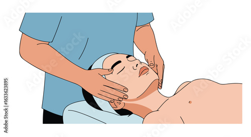 Woman receiving a facial massage, lying down, therapist with hands on face