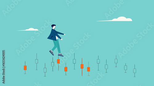 navigating stock market volatility, Financial investment volatility, identify stock market or cryptocurrency market risks, businessman investor walks carefully past investment bar chart