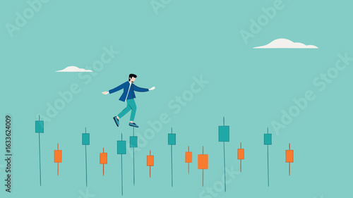navigating stock market volatility, Financial investment volatility, identify stock market or cryptocurrency market risks, businessman investor walks carefully past investment bar chart