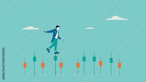 navigating stock market volatility, Financial investment volatility, identify stock market or cryptocurrency market risks, businessman investor walks carefully past investment bar chart