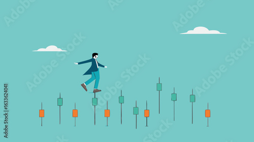 navigating stock market volatility, Financial investment volatility, identify stock market or cryptocurrency market risks, businessman investor walks carefully past investment bar chart