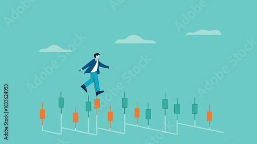 navigating stock market volatility, Financial investment volatility, identify stock market or cryptocurrency market risks, businessman investor walks carefully past investment bar chart