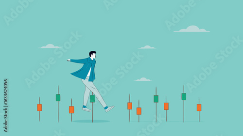 navigating stock market volatility, Financial investment volatility, identify stock market or cryptocurrency market risks, businessman investor walks carefully past investment bar chart