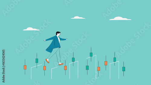 navigating stock market volatility, Financial investment volatility, identify stock market or cryptocurrency market risks, businessman investor walks carefully past investment bar chart