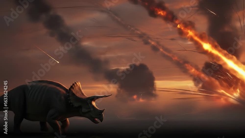 Triceratops witnessing the meteor impact causing the dinosaur extinction event