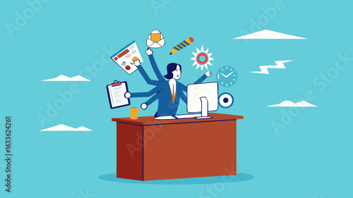 professional businessman manage multiple project at the some time work with computer, multiple project management concept illustration, juggle multiple project concept, multitalented worker concept