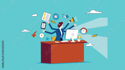 professional businessman manage multiple project at the some time work with computer, multiple project management concept illustration, juggle multiple project concept, multitalented worker concept