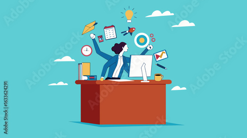 professional businessman manage multiple project at the some time work with computer, multiple project management concept illustration, juggle multiple project concept, multitalented worker concept