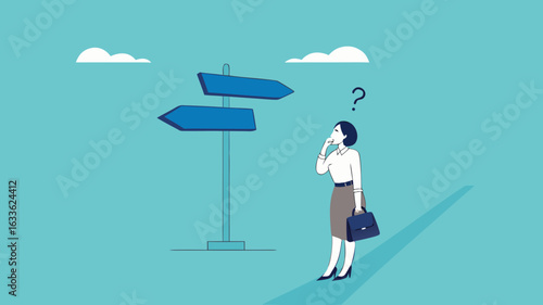 choose a new career path, confused businesswoman about choosing his career direction, make life decision choice, decide the right or wrong direction