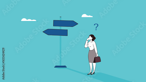 choose a new career path, confused businesswoman about choosing his career direction, make life decision choice, decide the right or wrong direction